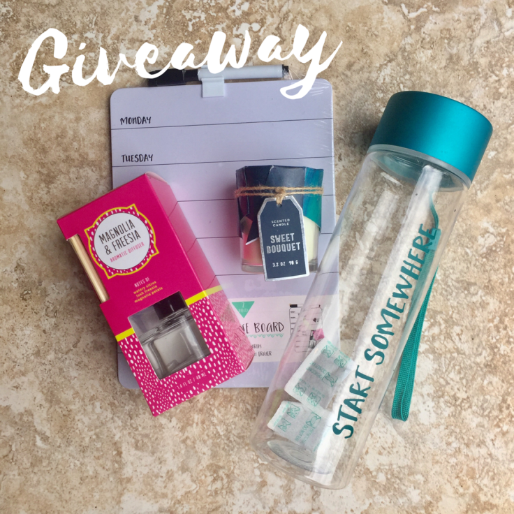 Giveaway includes: scented candle, to-do dry erase board, start somewhere water bottle, and diffuser